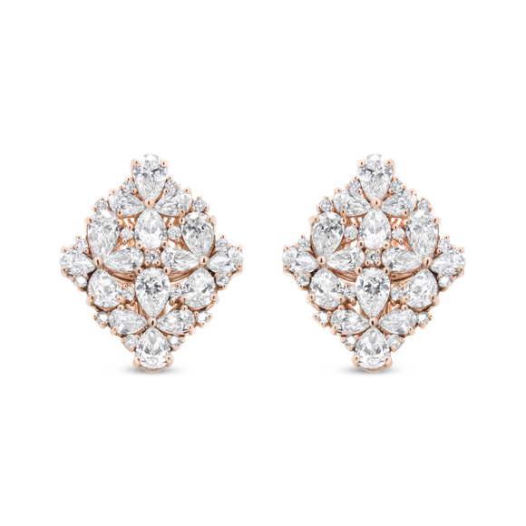 Haus of Brilliance Jewelry - 18K Rose Gold 8 1/3 Carat Pear and Round Diamond Floral Cluster Omega Earrings